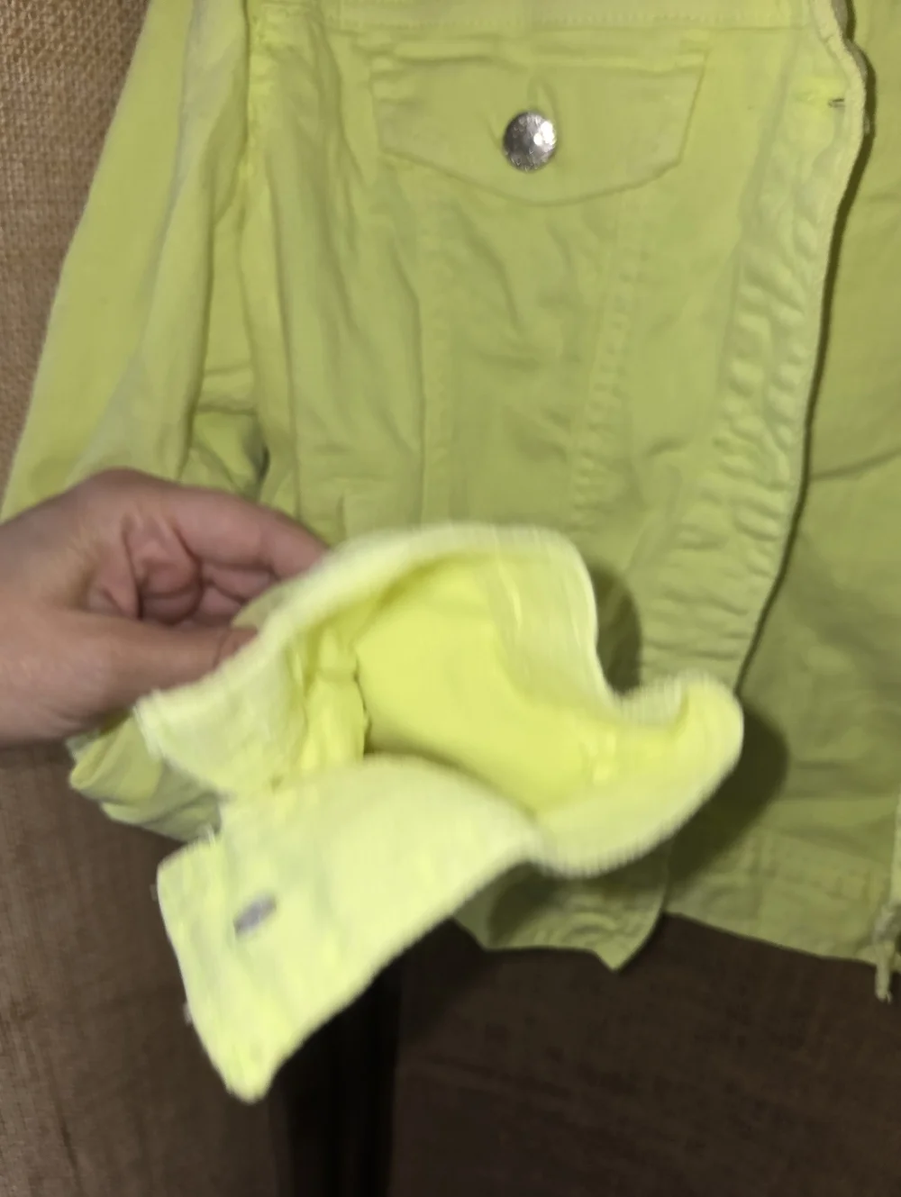 Y2k Celebrity Pink Original Denim Neon Yellow Green Cropped Denim Jacket Size L - Picture 5 of 8